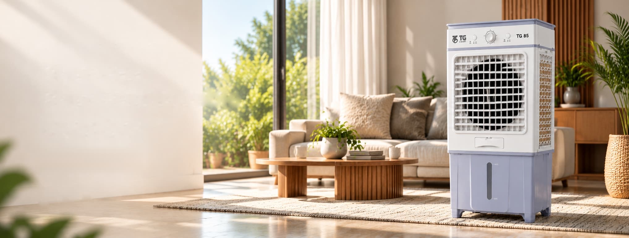 TG SMART desert air cooler standing in a sunlit Indian living room